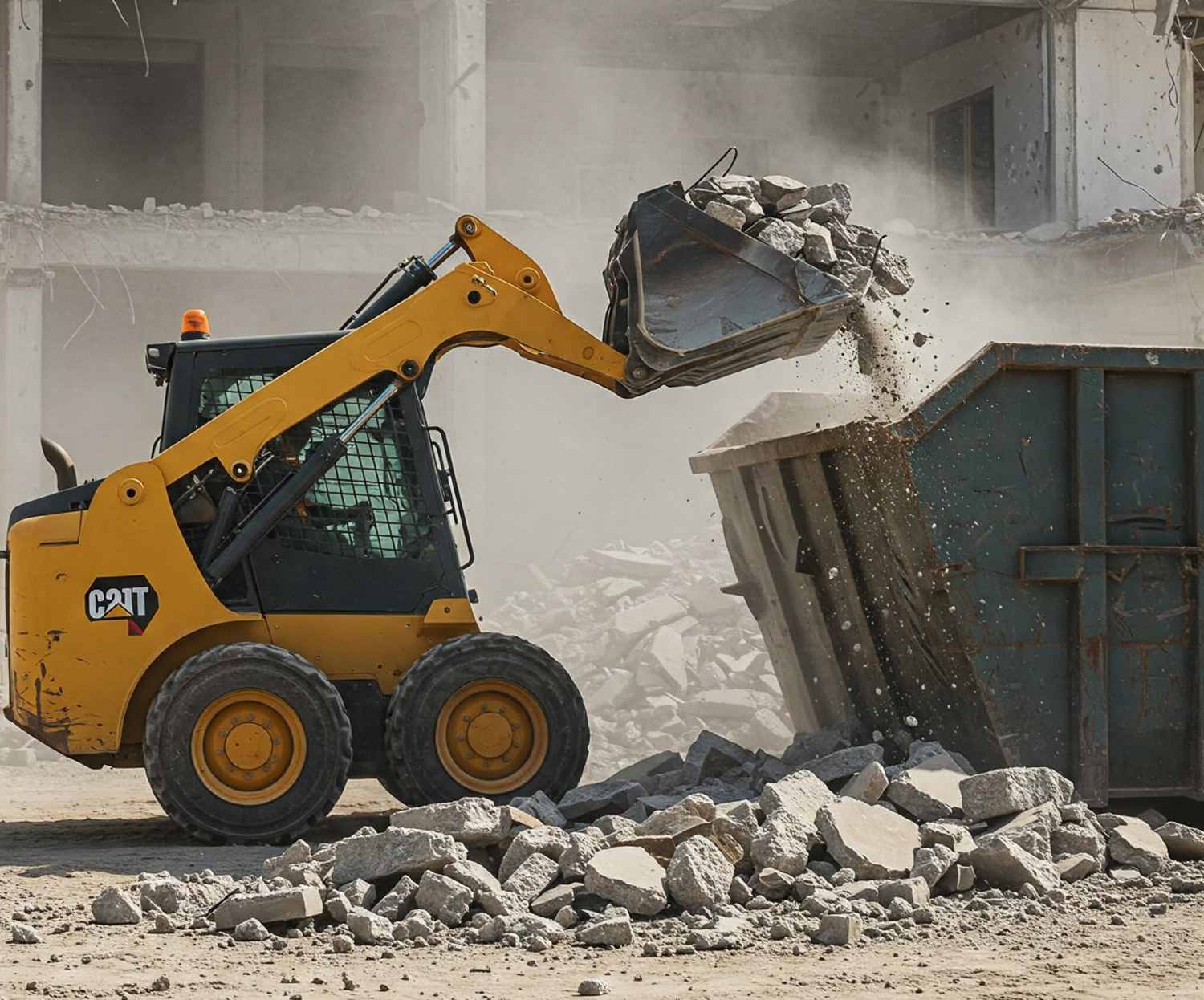 concrete demolition skid steer loading concrete into dumpster