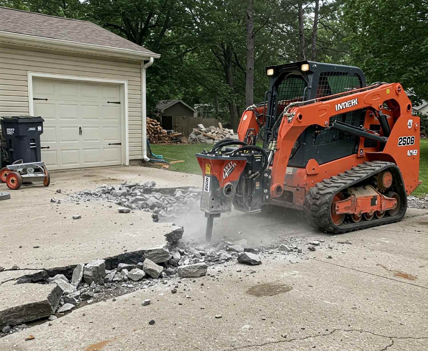 concrete demolition with skid steer and concrete breaker